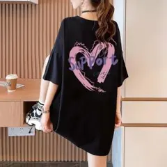 レディース　トップス　Tシャツ　オーバーサイズ　黒　ワンポイント　ハート　XL