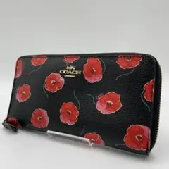 美品 COACH 長財布 レザー ブラック 花柄