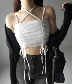 me+em select クロスストラップリボンシャーリングショートキャミソール