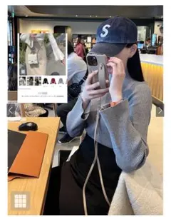 モックネックフレアスリーブリブニット　グレー