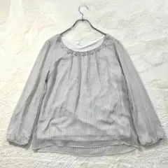 グローブ/L/白×灰色/ストライプ/ビジュー/シフォン/春秋/ブラウス/長袖