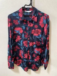 ZARA 花柄シャツ L 総柄 長袖 ブラック 赤 青 ユニセックス 春夏