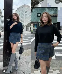美品☆ sheller シェリエフロントタックツイードキュロットM ネイビー