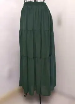 ロング　ティアード　フレアスカート　モスグリーン　春夏　М