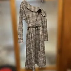 チェック柄オフショルダーシャツワンピース フリーサイズ