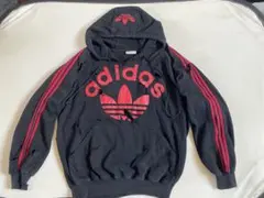 80's■adidas アディダス【L】パーカー トレフォイル ブラック レッド