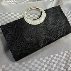 レース クラッチバッグ 黒 ビジュー付き