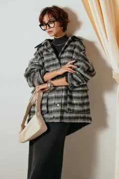チェックシャギーミドルカバーオール ブルゾン コート ミドル丈 黒 ESICA