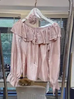 オフショルダー フリル トップス ピンク