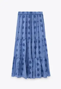 ZARA コットン刺繍ティアードロングスカート　カットワーク　マキシ　L　ブルーのサムネイル