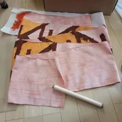 袋名古屋帯 赤オレンジ系 幾何学模様 正絹 西陣織