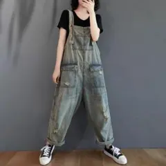 春新作レディース 大きいサイズ サロペット パンツダメージデニムオーバーオール