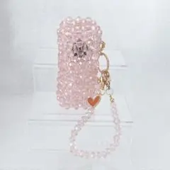 ハンドメイド　ガラス　カットビーズ　リップケース　ピンク　キラキラ✨　チャーム付