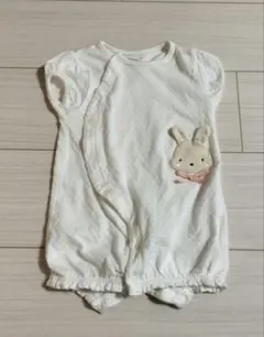 ウサギ刺繍 ホワイト 2Wayオール 半袖 50〜70cm