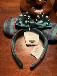 香港ディズニークリスマス　ミッキーマウス　カチューシャ 緑色 チェック