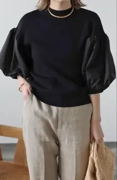 ボンジュールサガン　異素材パフスリーブニットトップス　ブラック