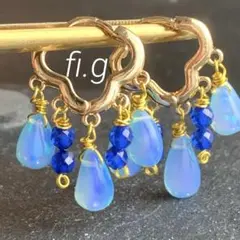 14kgf ブルーエチオピアンオパール×サファイア　クローバーフープピアス