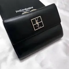 ◇レア美品◇イヴサンローラン　がま口コンパクト折り財布　レザー　ブラック　YSL