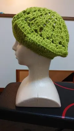 グリーン　もえぎ色　ベレー帽　コットン　ハンドメイド