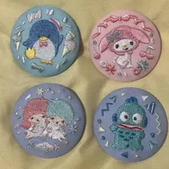 サンリオ　刺繍　缶バッジ　マイメロディ　タキシードサム　ハンギョドン　キキララ