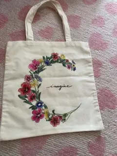 新品　手描き　リメイク　トートバッグ　コットン　花柄　花リース　ハンドバッグ