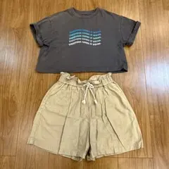130 140 GU 女の子　ミニ丈Tシャツ キュロット　上下セット　ベージュ