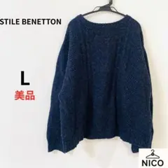 BENETTON ベネトン ウールニット セーター ネイビー L クルーネックのサムネイル