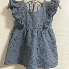 【美品】petitmain ブルーグレー レース柄 フリル袖チュニック