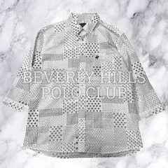 大きいサイズ ビバリーヒルズポロクラブ 総柄シャツ シアサッカー ロゴ刺繍 LL