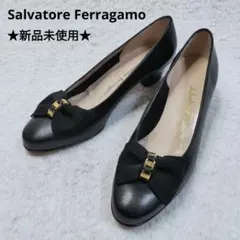 【新品未使用】フェラガモ パンプス ヒール レザー ブラック ゴールド リボン