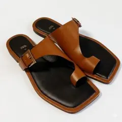 ​極美品★ZARA 本革 レザー スクエアトゥ トゥリング サンダル 36 茶