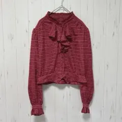 Y348 一点物　レトロフリルブラウス　ドレスシャツ　肩パッド　赤　セレモニー