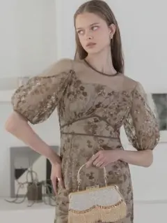 フラワーディテールパフスリーブIラインワンピースドレス結婚式二次会パーティー