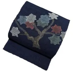 ユ49未着用名古屋帯 紗夏帯 紺　正絹 着物帯　仕立て上り美品