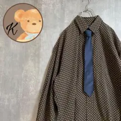 【雰囲気◎】メンズ 長袖 総柄 デザイン シャツ ブラウン ネクタイ XL 茶