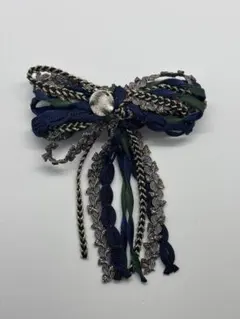 リボンデザイン バレッタ ネイビー グリーン　ハンドメイド