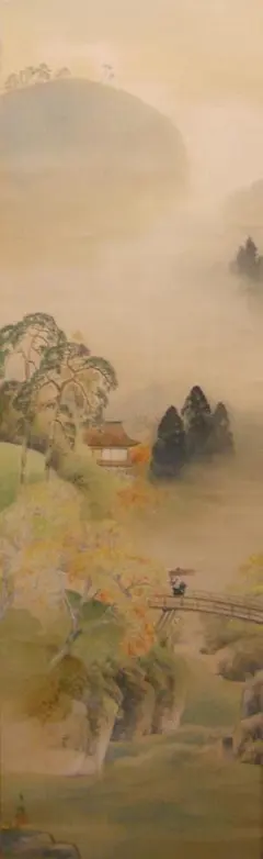 真作/谷文晁/山水屋形船図/絹表装/軸先紫檀/大幅/布袋屋掛軸HH-471