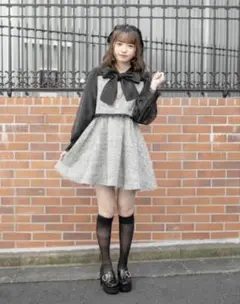 ROJITA ビジュボウタイリボンツイードワンピース グレー