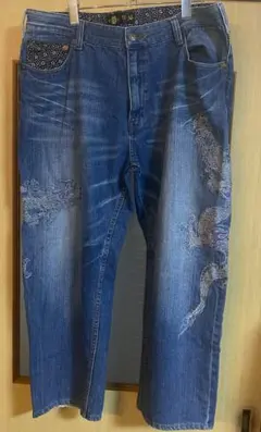 和柄デニム／刺繍デニム／ビッグサイズ／ワイドパンツ