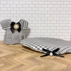 ぬい服 グレンチェックワンピ(帽子) ハンドメイド品 黒4