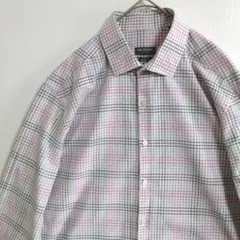 2694　VANHEUSEN　長袖ワイシャツ　L　白　灰桃色チェック柄　US古着
