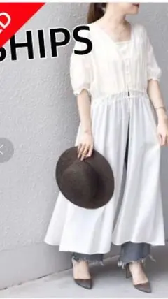 最安値　SHIPS ウエストギャザー ワンピース ホワイト