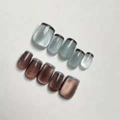 【no.57】ネイルチップ　ブルー×ブラウン　細フレンチ　マグネット　水光