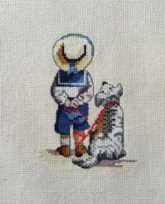 【DMC】All Our Yesterdays　クロスステッチ完成品　男の子と犬