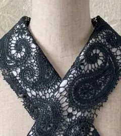 半衿　ダークグリーン ペイズリー柄コード刺繍レース半襟のサムネイル