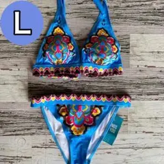 ホルターネック エスニック柄 ビキニ ボタニカル 水着 ブルー　青 Lサイズ