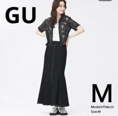 GU ステッチマーメイドロングスカート M ブラック ウエストゴム フレア