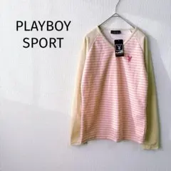 新品【プレイボーイスポーツ】ラグランカットソー M 長袖 ボーダー Vネック