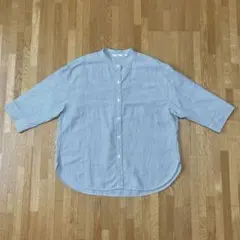 ユニクロ リネンブレンドバンドカラーシャツ／ストライプ／7分袖 XL グレー