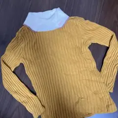 リブ編み　ハイネック　長袖カットソー　白襟　マスタード　110